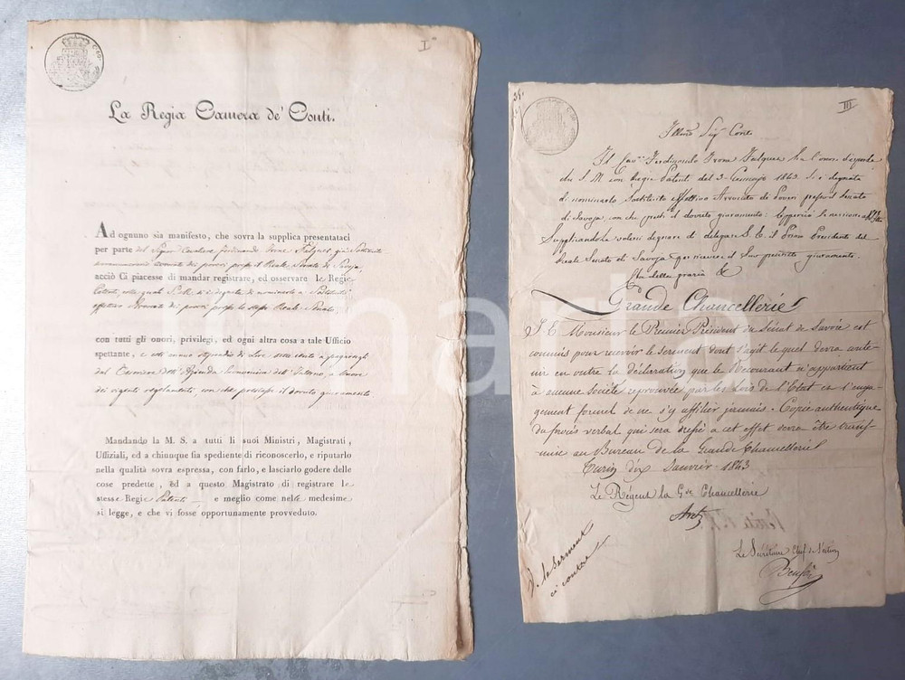 Documento originale, autentico 1843 TORINO Nomina Ferdinando Ivone FALQUET  Sostituto Avvocato dei Poveri 1