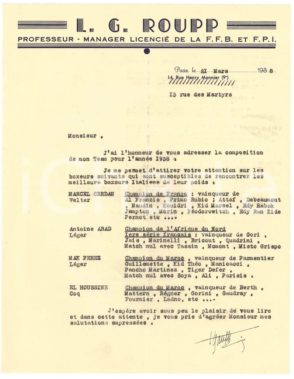 Autografo originale 1938 BOXE PARIS Lettre Lucien ROUPP manager  Composition team Autographe 1