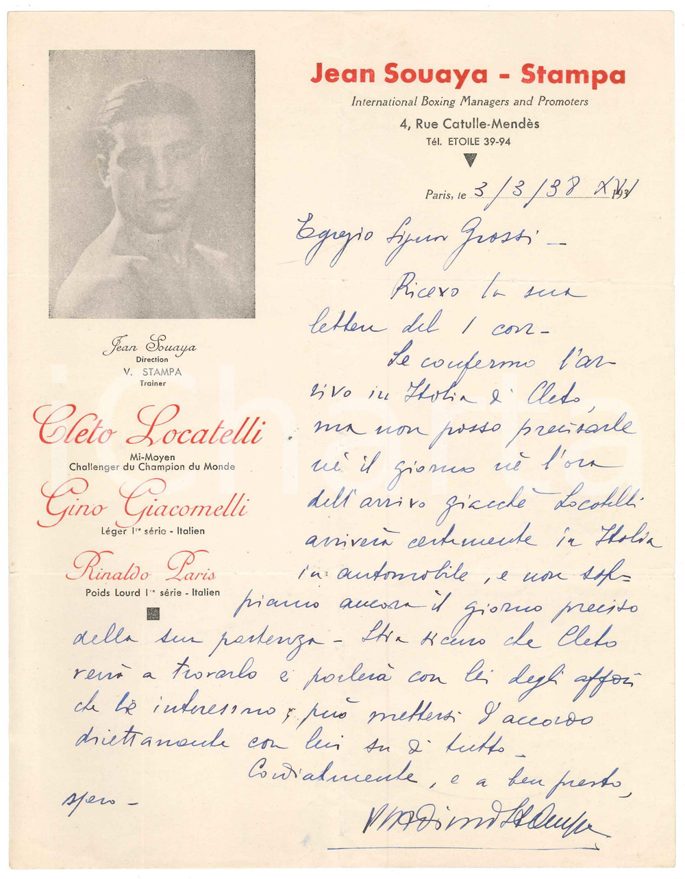 Autografo originale 1938 BOXE PARIS Lettera V. STAMPA allenatore su arrivo Cleto LOCATELLI Autografo 1
