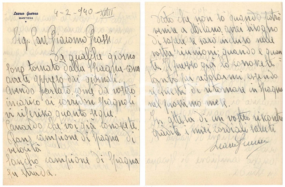 Autografo originale 1940 CICLISMO MANTOVA Lettera Learco GUERRA su corridori spagnoli  AUTOGRAFO 1