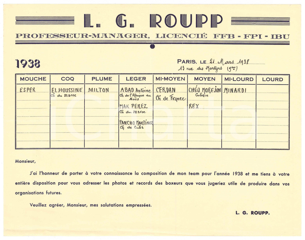 Autografo originale 1938 BOXE PARIS Lettre Lucien ROUPP manager  Boxeurs du team Autographe 1