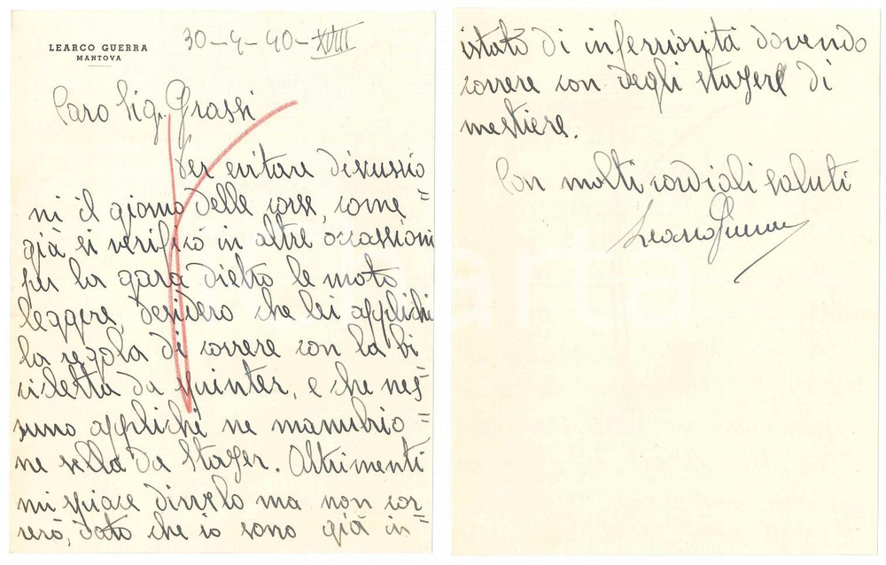 Autografo originale 1940 CICLISMO MANTOVA Learco GUERRA corre solo con bici da sprinter  AUTOGRAFO 1