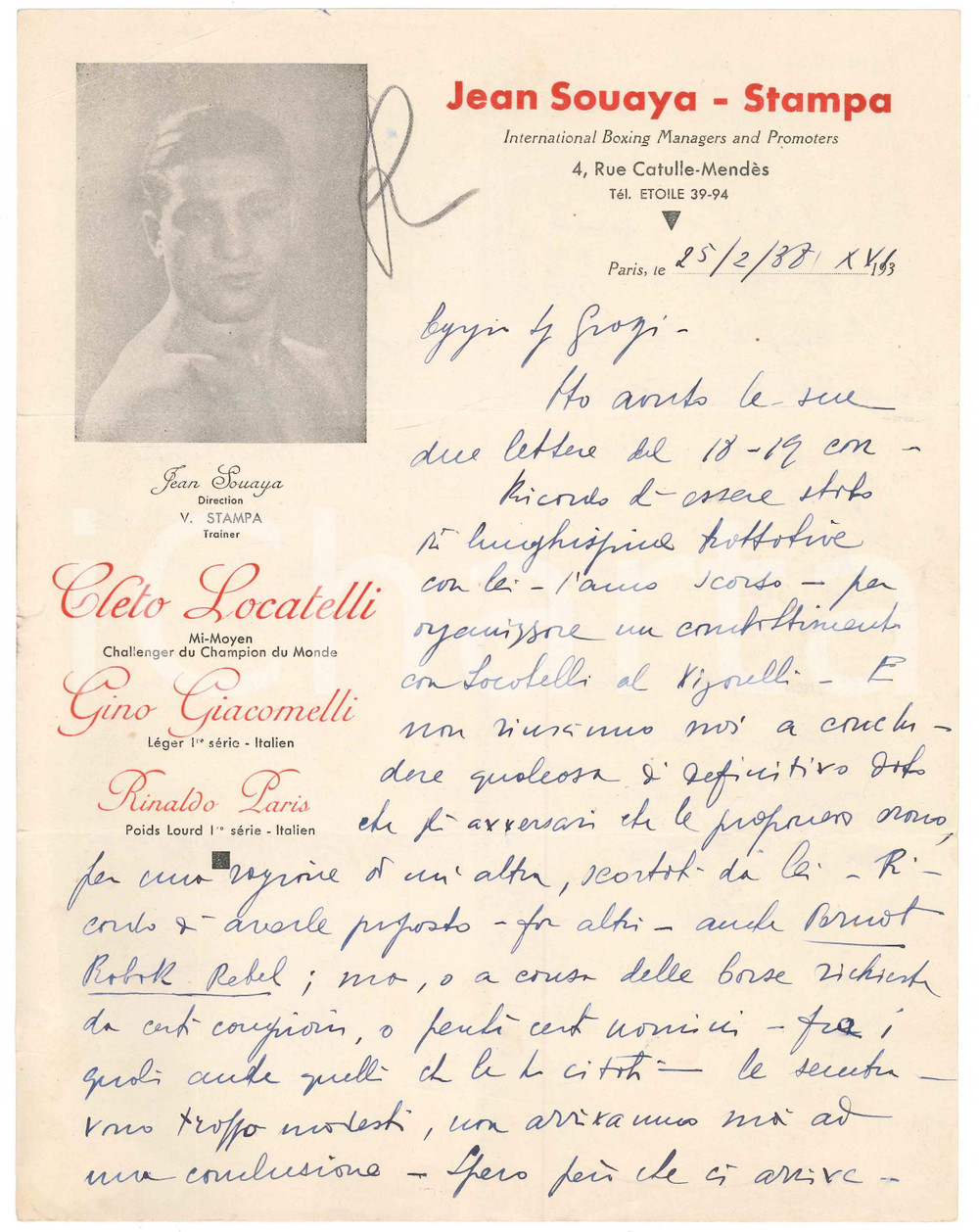 Autografo originale 1938 BOXE PARIS  V. STAMPA allenatore su match con Cleto LOCATELLI Autografo 1