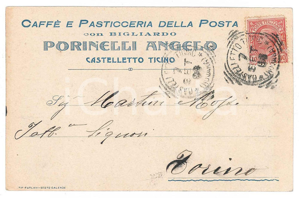 Fotografia d epoca originale 1908 CASTELLETTO TICINO Caffè della posta di Angelo PORINELLI con biliardo 1