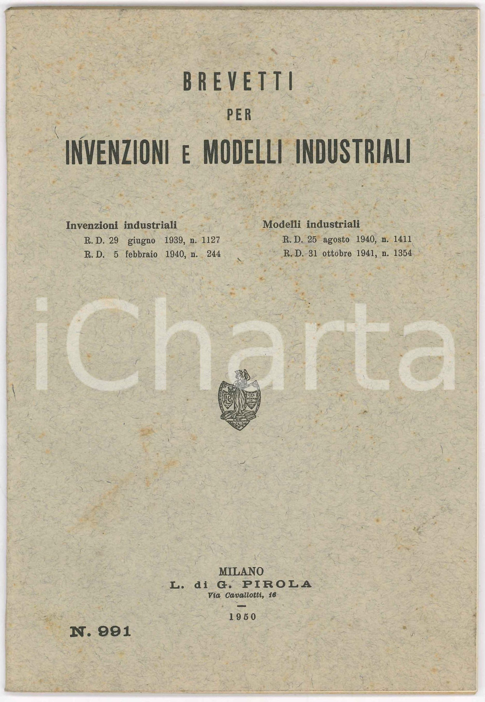 1950 MILANO Brevetti per invenzioni e modelli industriali - Pubblicazione 15x22 Pubblicazione d'epoca. EDITORE: L. di G. Pirola - MilanoPAGINE: 84   POOR/danneggiato Lievi bruniture, parziale distacco del dorso dalla legatura Formato: 15x22 cm originale e autentica 1