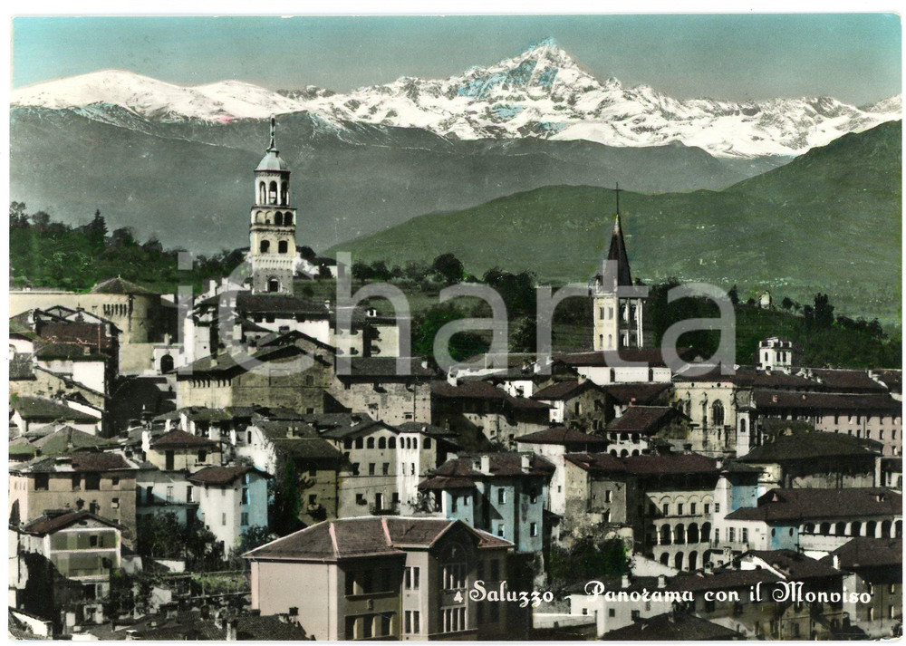 1950 ca SALUZZO (CN) Panorama con il Monviso sullo sfondo - Cartolina FG Cartolina d'epoca viaggiata ma con affrancatura rimossa. FAIR/discreto Lievi smussature agli angoli Formato: 15x10 cm originale e autentica 1