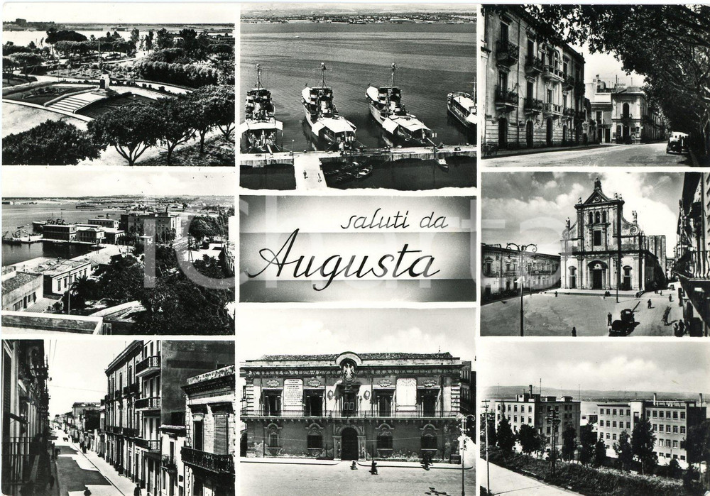 1957 AUGUSTA (SR) Chiesa Santa Maria Assunta - Porto - Municipio - Cartolina FG Cartolina d'epoca viaggiata  FAIR/discreto Lieve piegatura al margine superiore Formato: 15x10 cm originale e autentica 1