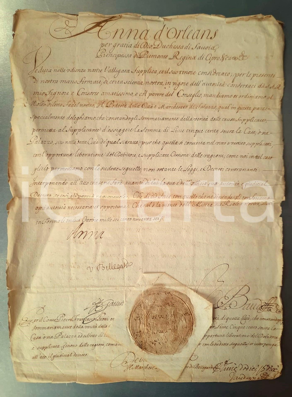 Autografo originale 1696 TORINO Anna D ORLEANS Duchessa di Savoia  Autografo su decreto con sigillo 1