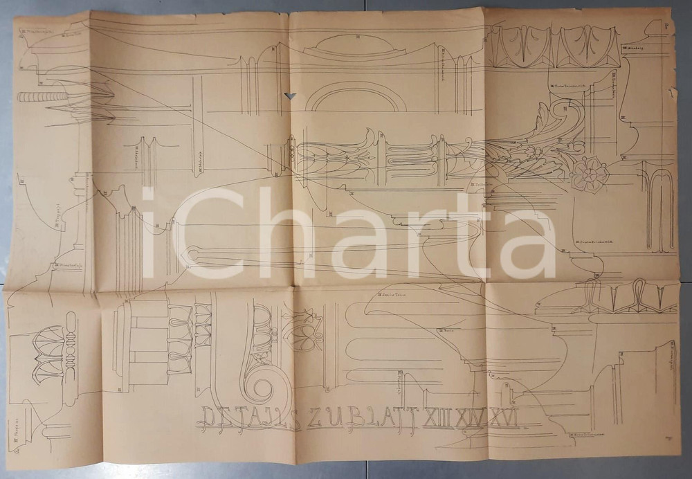 Stampa, bozzetto originale 1900 ca GERMANIA ARCHITETTURA Elementi di costruzioni  Tavola illustrata 64x96 1