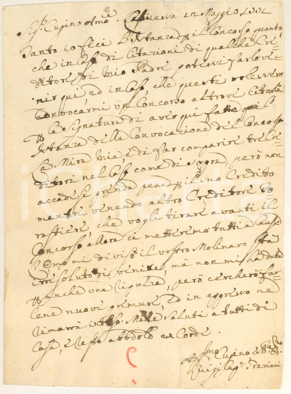 Manoscritto, lettera originale 1772 CASCIA Cap. Luigi GRAZIANI rischia cause per i debiti del padre Lettera 1