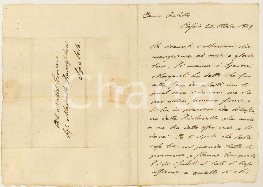 Manoscritto, lettera originale 1849 CASCIA Rosa LEONETTI promette al fratello il saldo di un debitore Lettera 1