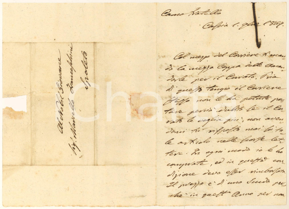 Manoscritto, lettera originale 1849 CASCIA Rosa LEONETTI invia coppa di mandorle per il curato Lettera 1