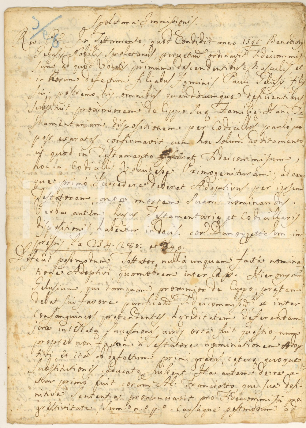 Documento originale, autentico 1630 ca SPOLETO Sull eredità di un fedecommesso di Benedetto GELOSI Manoscritto 1