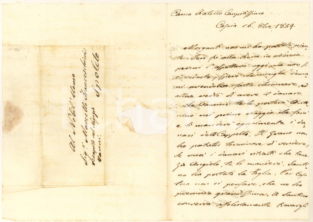 Manoscritto, lettera originale 1849 CASCIA Rosa LEONETTI invia camicie e denari al fratello Autografo 1