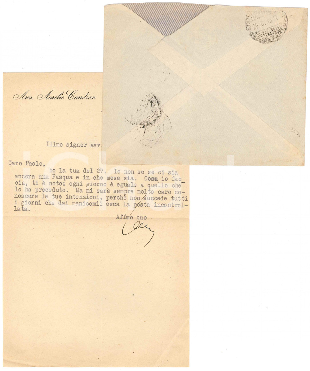 Autografo originale 1949 MILANO Aurelio CANDIAN Ogni giorno Ã¨ uguale al precedente Autografo 1