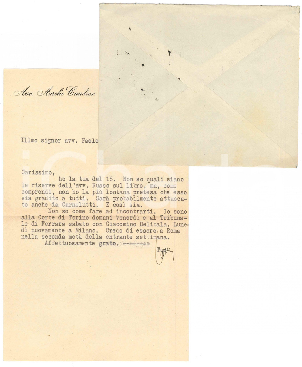 Autografo originale 1949 MILANO Aurelio CANDIAN e i possibili attacchi al suo nuovo libro Autografo 1