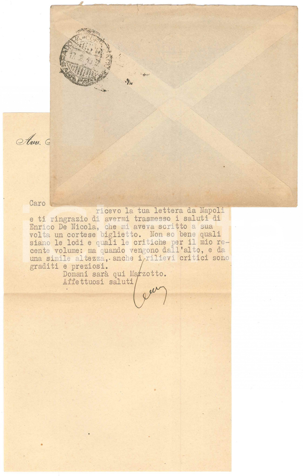 Autografo originale 1949 MILANO Aurelio CANDIAN e il cortese biglietto di Enrico DE NICOLA Autografo 1