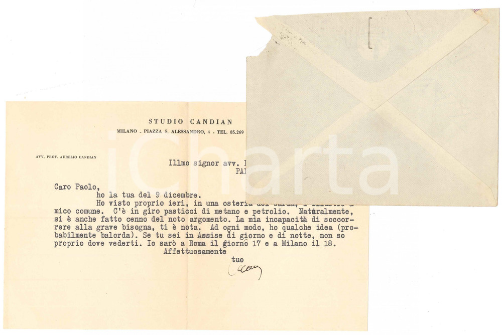 Autografo originale 1949 MILANO Avv. Aurelio CANDIAN  Lettera a un amico e collega Autografo 1