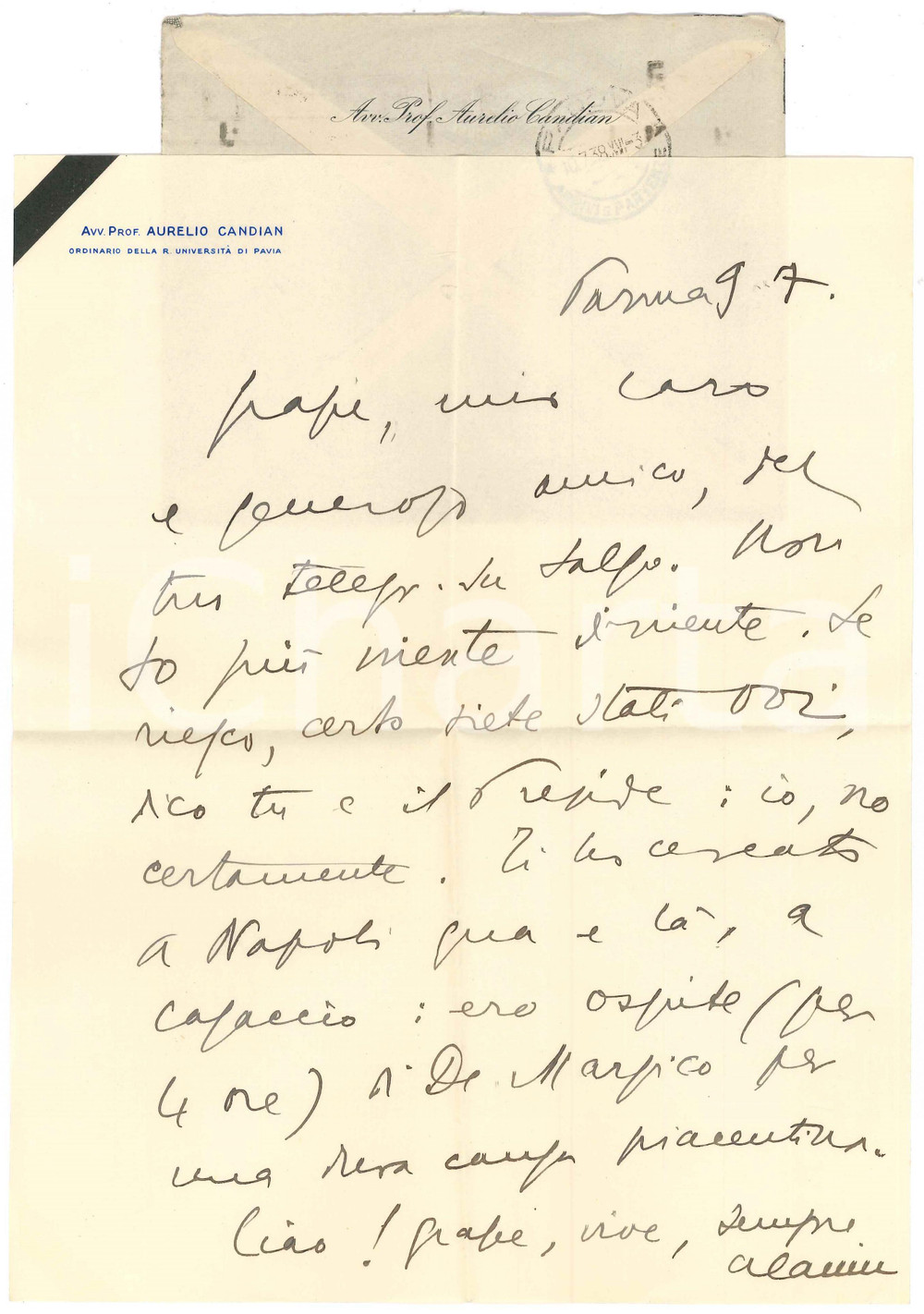 Autografo originale 1938 PARMA Aurelio CANDIAN ospite di Alfredo DE MARSICO a Napoli Autografo 1