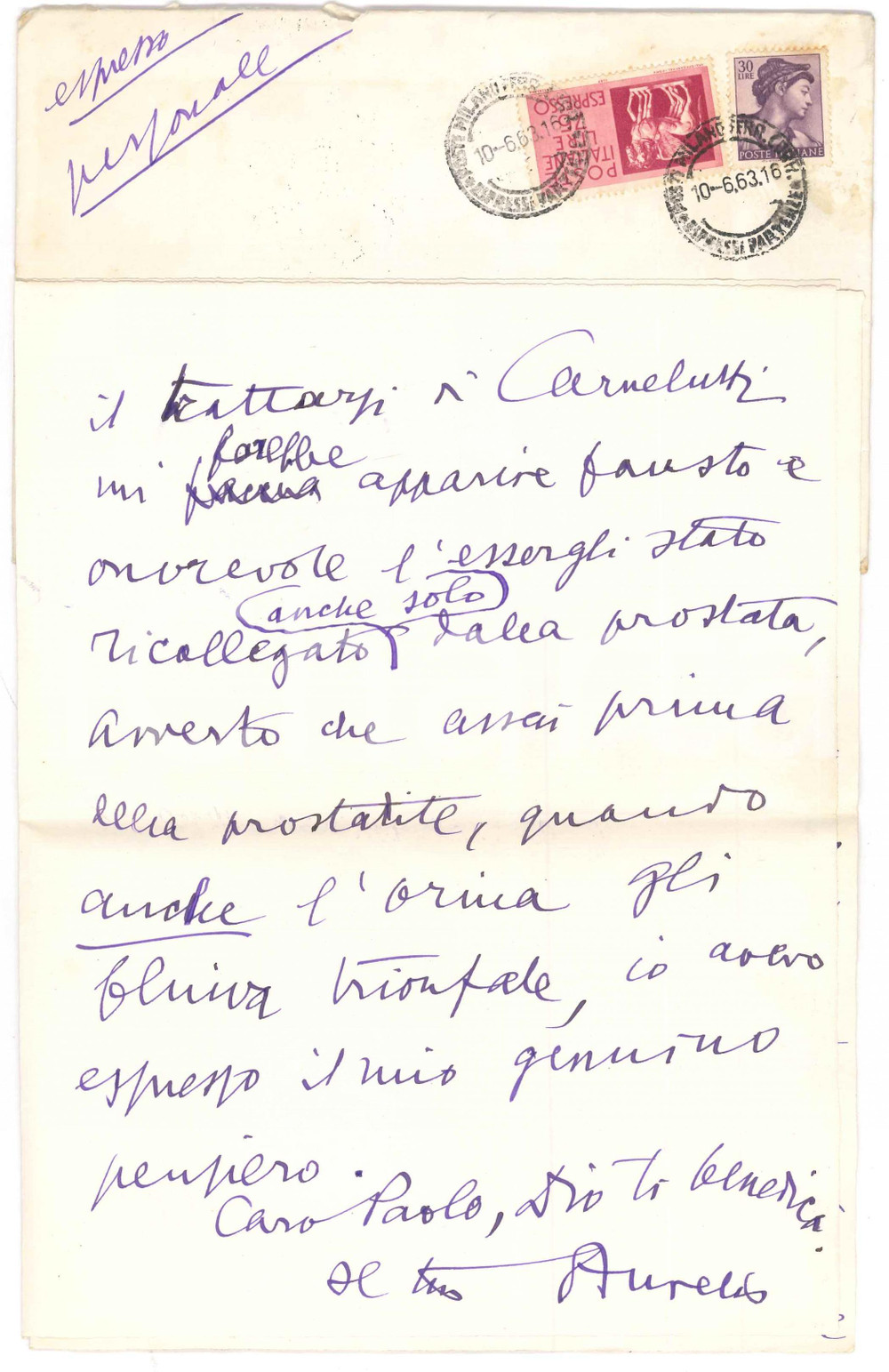 Autografo originale 1963 VIAROLO Aurelio CANDIAN entusiasta del libro di DE MARSICO Autografo 1