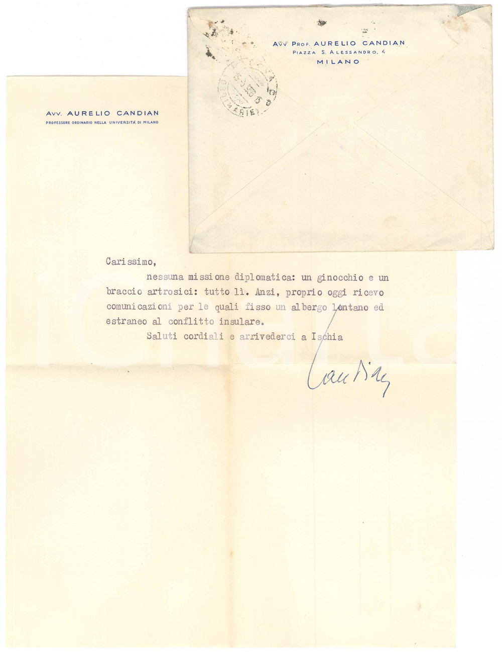 Autografo originale 1956 MILANO Lettera prof. Aurelio CANDIAN  Problemi di salute  Autografo 1