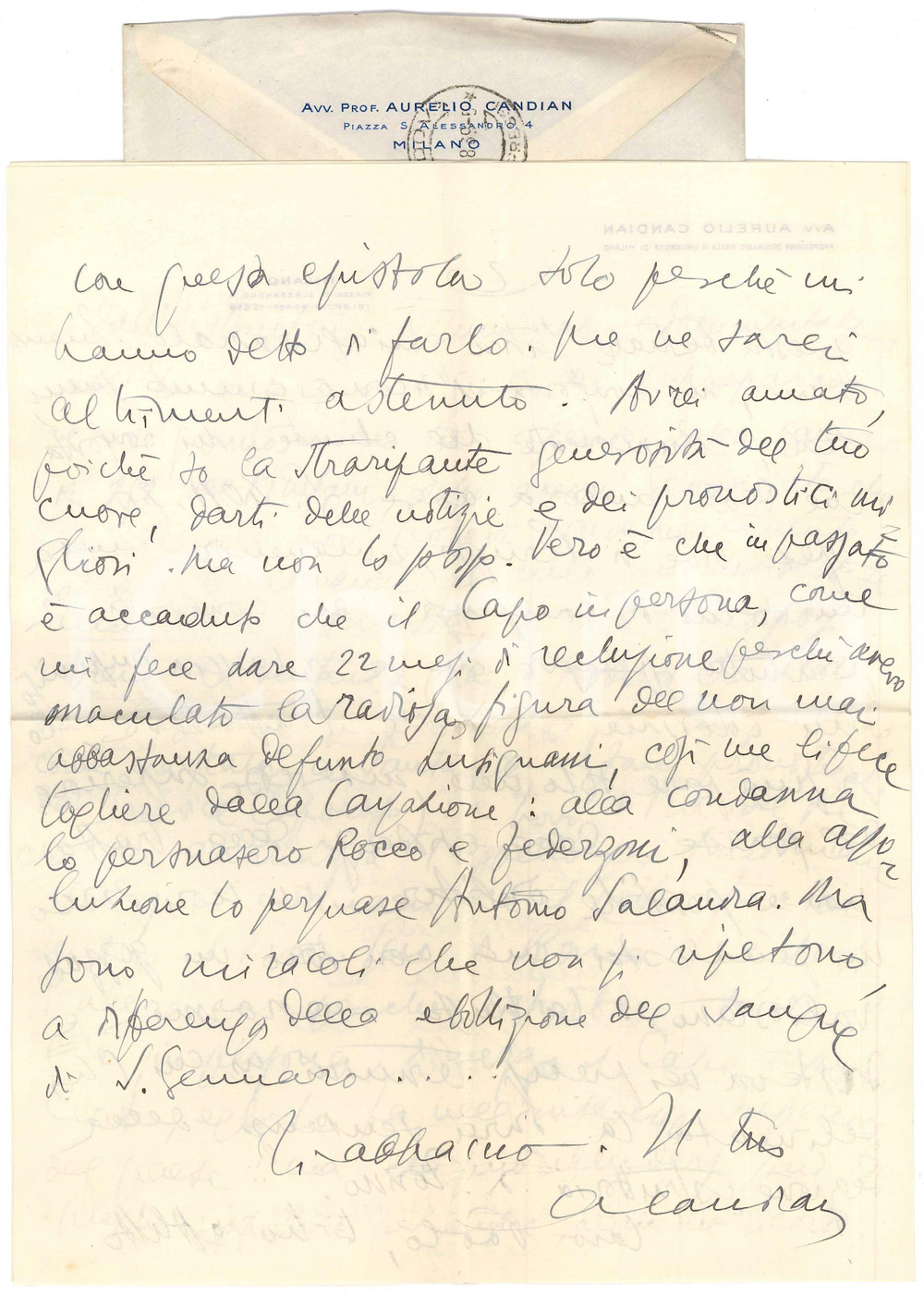 Autografo originale 1939 MILANO Aurelio CANDIAN sul processo contro Luigi LUSIGNANI Autografo 1