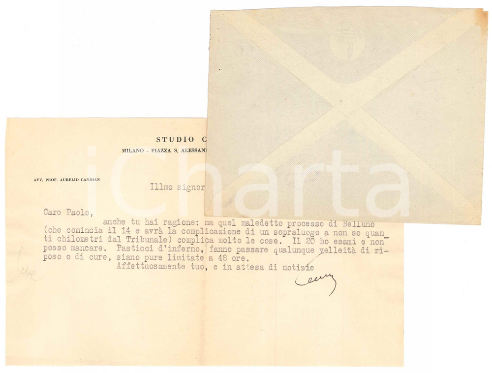 Autografo originale 1949 MILANO Aurelio CANDIAN sul maledetto processo di Belluno Autografo 1