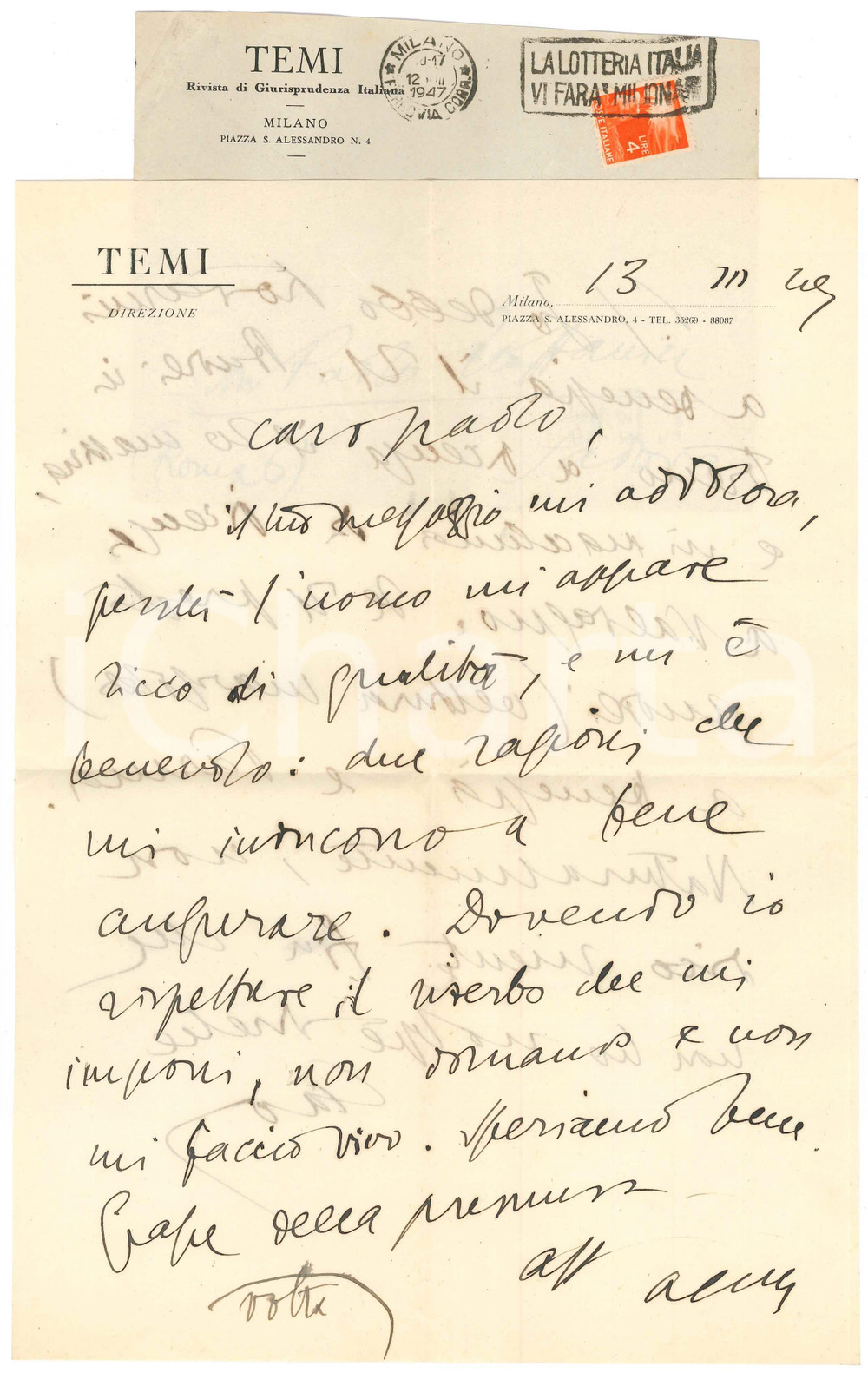 Autografo originale 1947 MILANO RIvista TEMI   Lettera Aurelio CANDIAN a un amico  Autografo 1