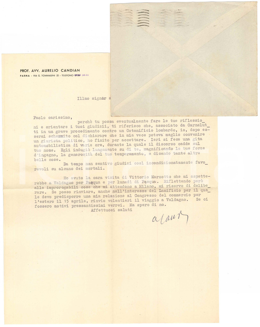 1947 PARMA Lettera Aurelio CANDIAN - Viaggio a Valdagno dai MARZOTTO *Autografo Lettera dattiloscritta, con firma autografa, relativa ai rapporti con l'avvocato Francesco Carnelutti e con Vittorio Marzotto.Su carta intestata; busta viaggiata.PAGINE: 1   FAIR/discreto piegature d'epoca  originale e autentica 1