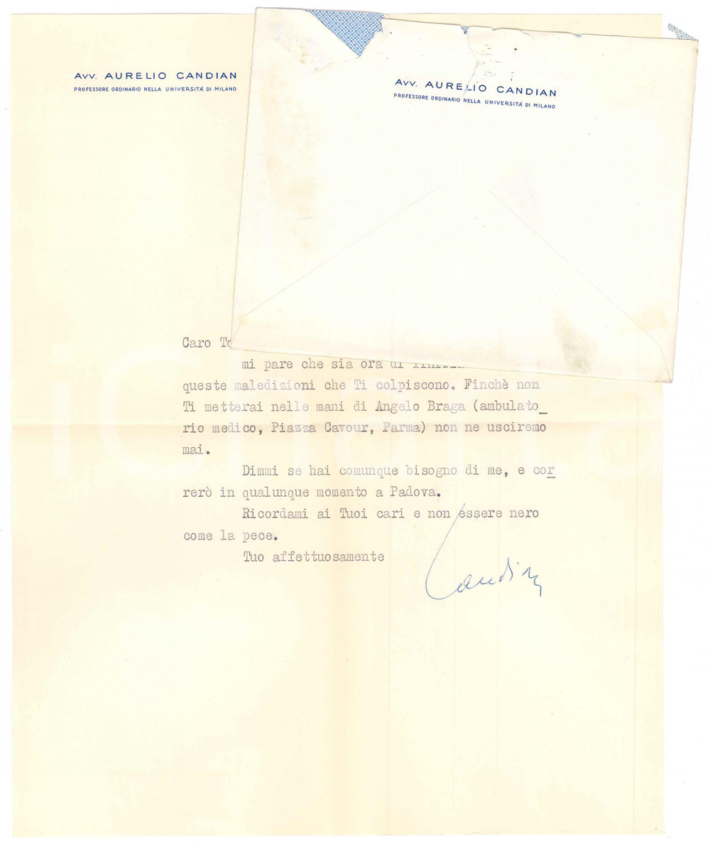 Autografo originale 1954 MILANO Aurelio CANDIAN a un amico colpito da maledizioni  Autografo 1