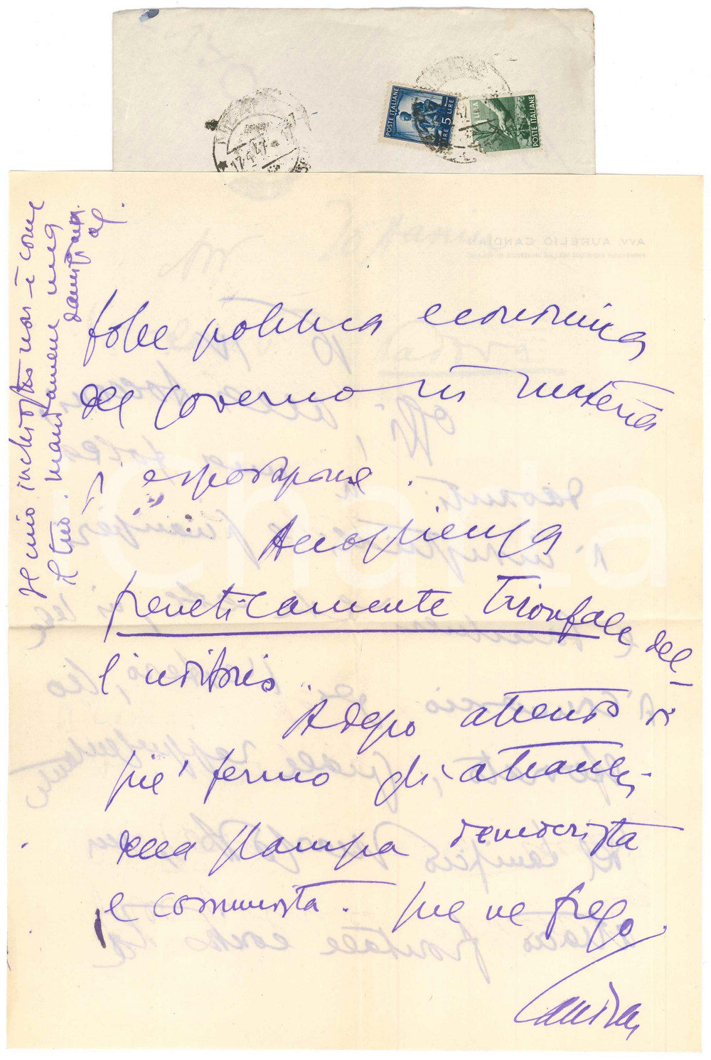 1947 MILANO Lettera Aurelio CANDIAN in difesa del Lanificio MARZOTTO *Autografo Lettera interamente autografa, su carta intestata "Avv. Aurelio Candian"; busta viaggiata.PAGINE: 1 (2 facciate) FAIR/discreto piegature d'epoca  originale e autentica 1