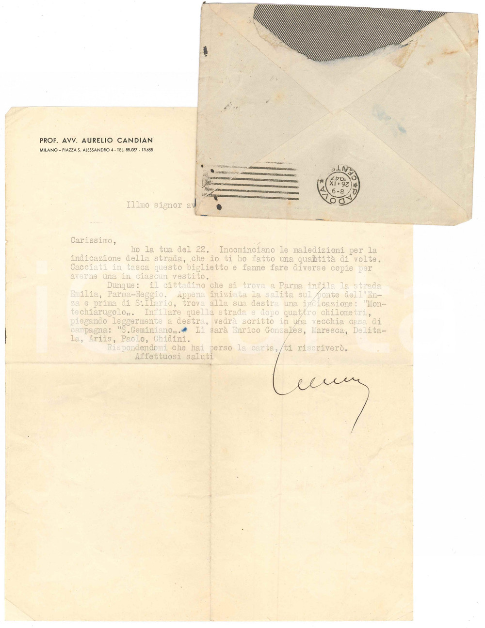 Autografo originale 1947 MILANO Aurelio CANDIAN   Indicazioni scherzose a un amico  Autografo 1