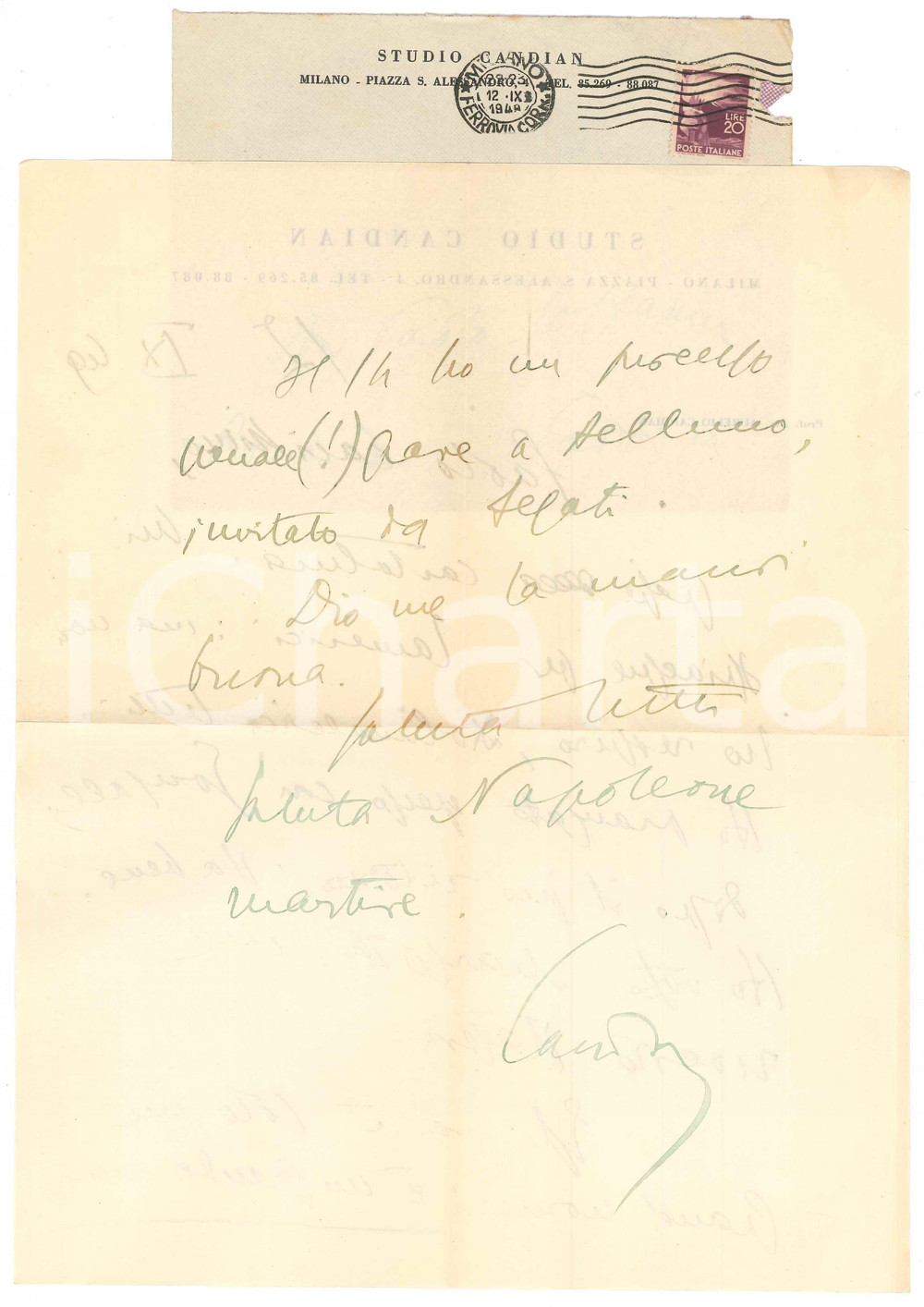 Autografo originale 1949 MILANO Lettera Aurelio CANDIAN Marzotto grande uomo e amico  AUTOGRAFO 1