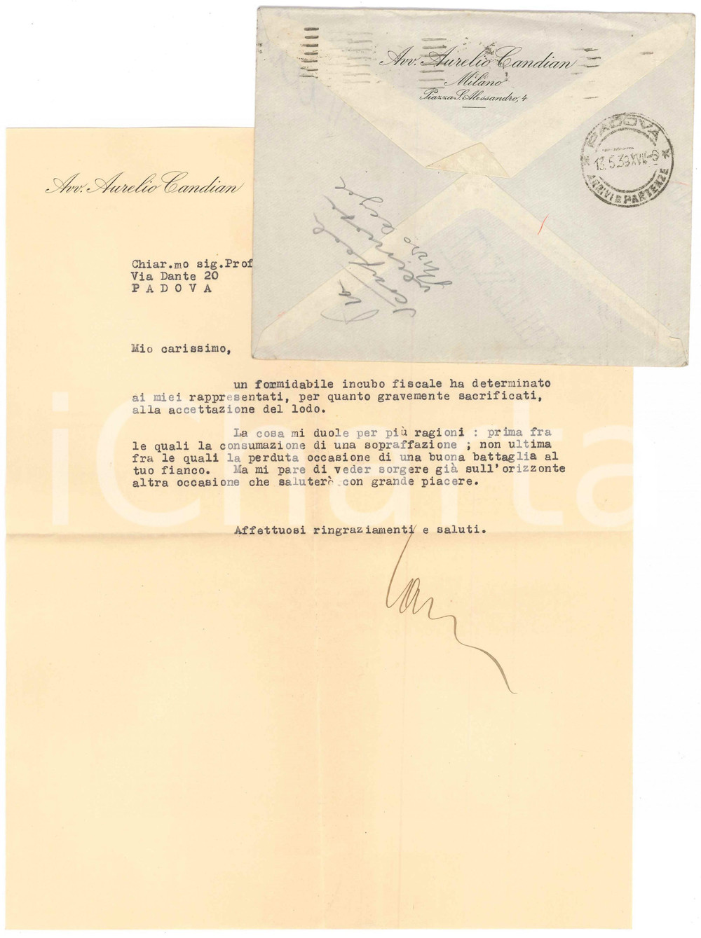 Autografo originale 1939 MILANO Aurelio CANDIAN  e un formidabile incubo fiscale  Autografo 1