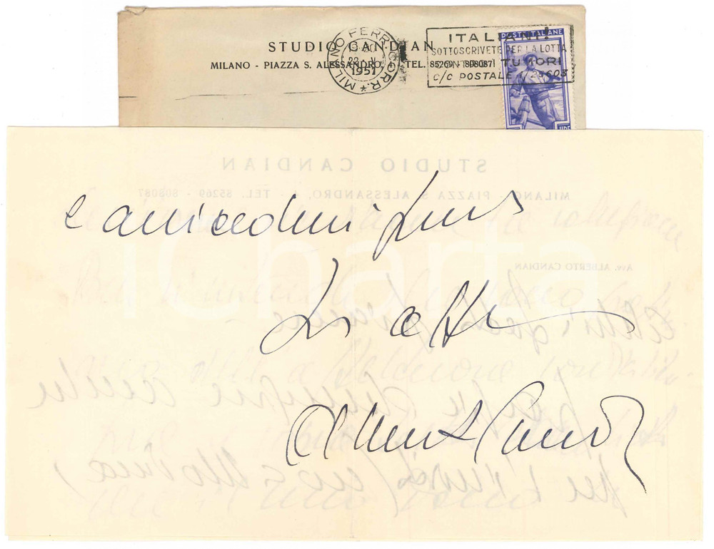 1951 MILANO Lettera Aurelio CANDIAN a un collega per un dono - AUTOGRAFO Lettera interamente autografa.Su carta intestata; busta viaggiata.PAGINE : 4 facciate FAIR/discreto piegature d'epoca Formato: 23x14 cm originale e autentica 1