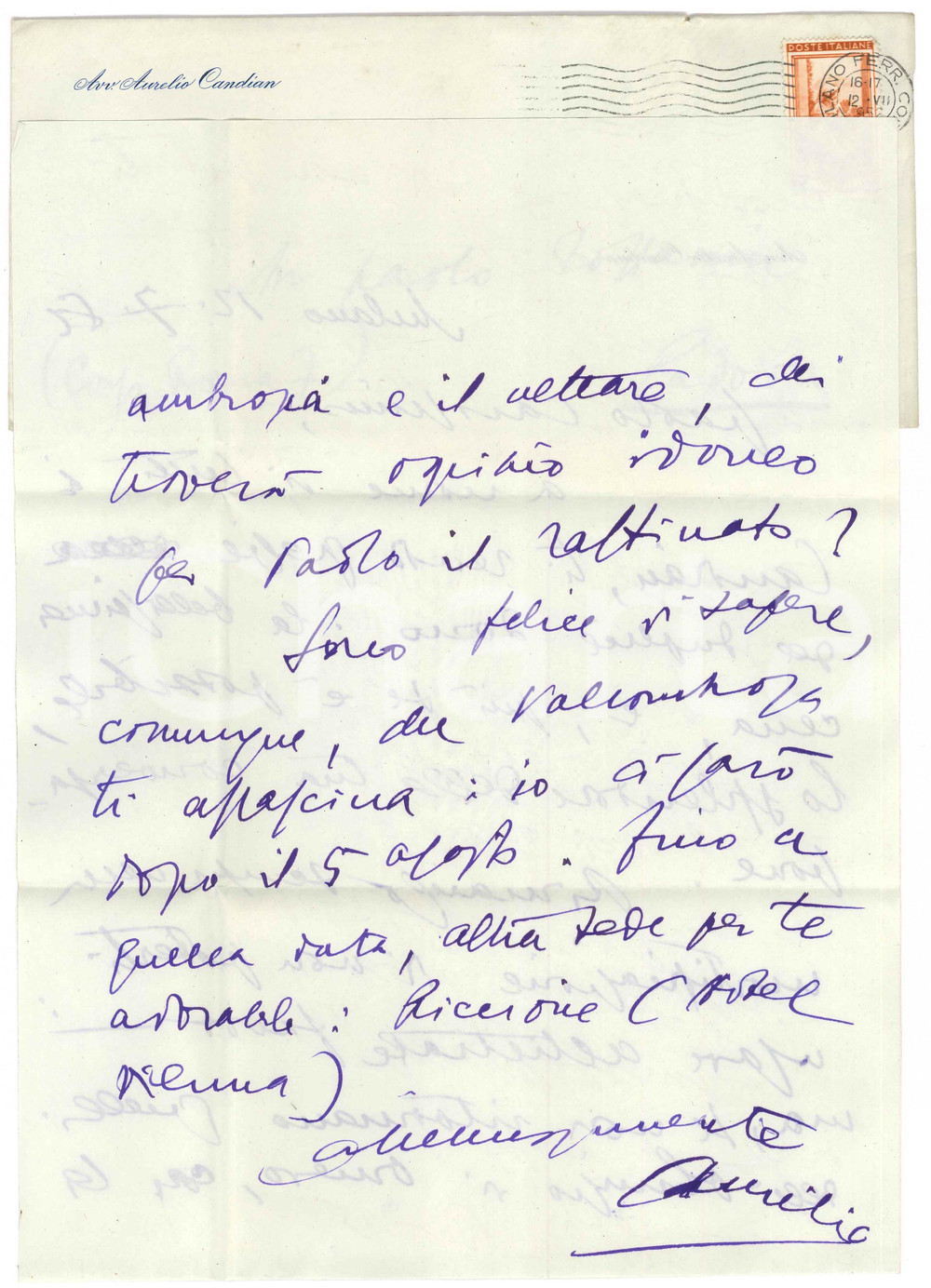 Autografo originale 1952 MILANO Lettera Aurelio CANDIAN  Ringraziamenti a un amico Autografo 1