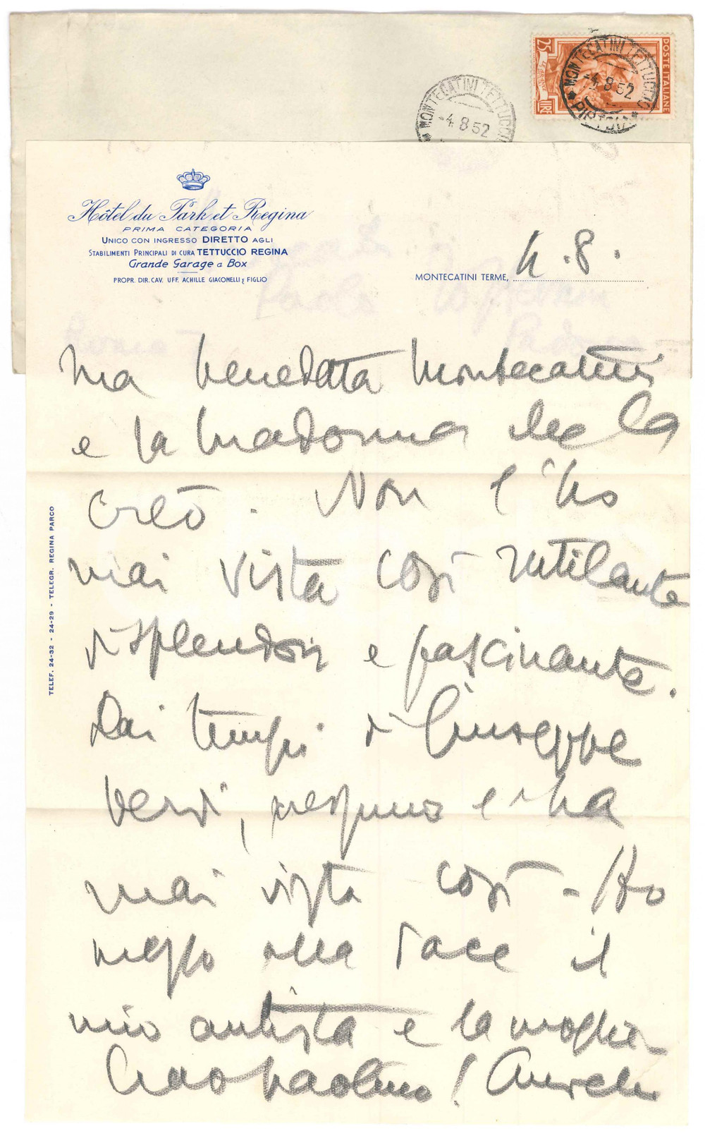 Autografo originale 1952 MONTECATINI TERME Aurelio CANDIAN Mai vista cosÃ¬ fascinante  Autografo 1