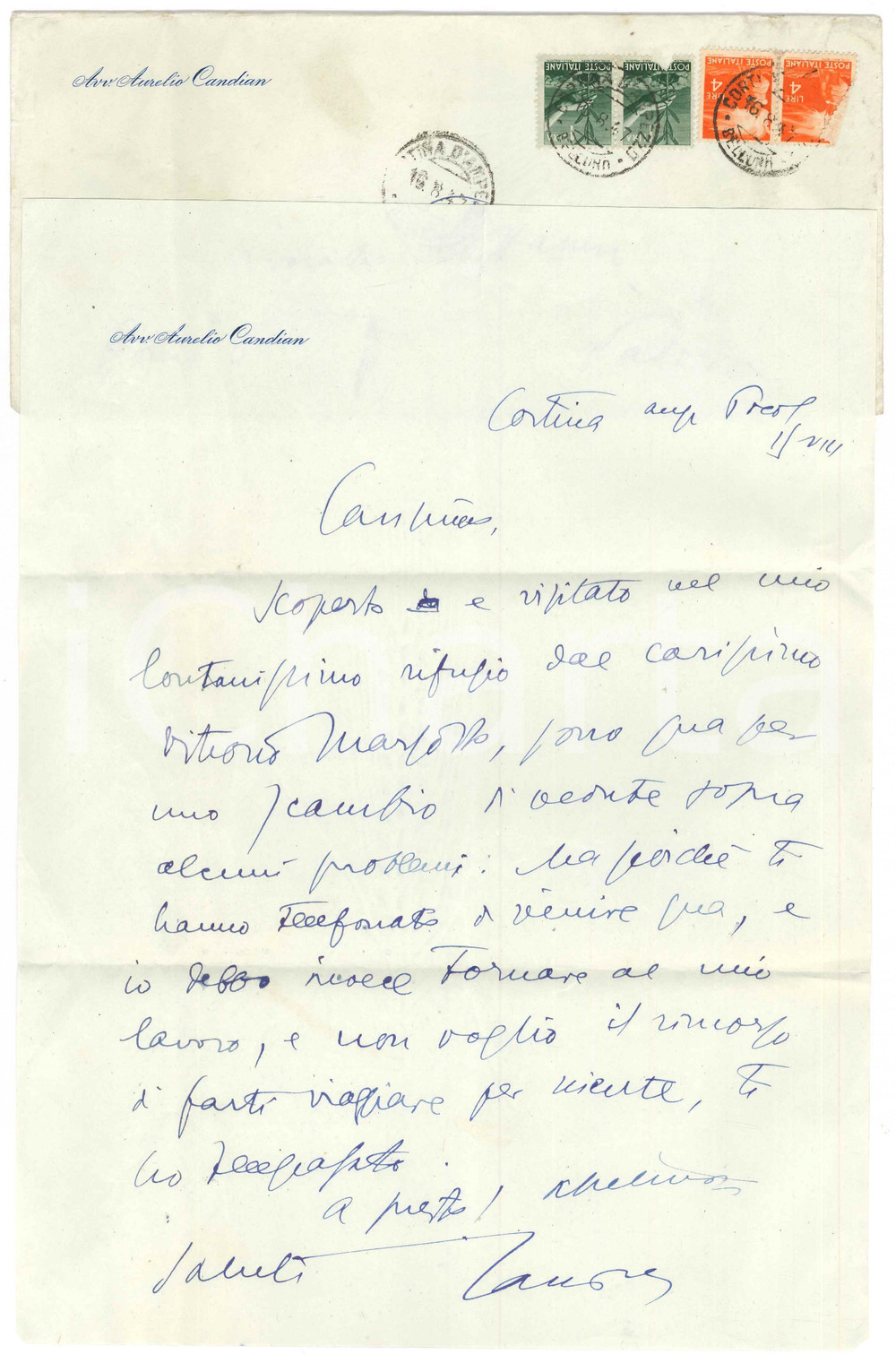 Autografo originale 1947 CORTINA Aurelio CANDIAN riceve visita di Vittorio Marzotto Autografo 1