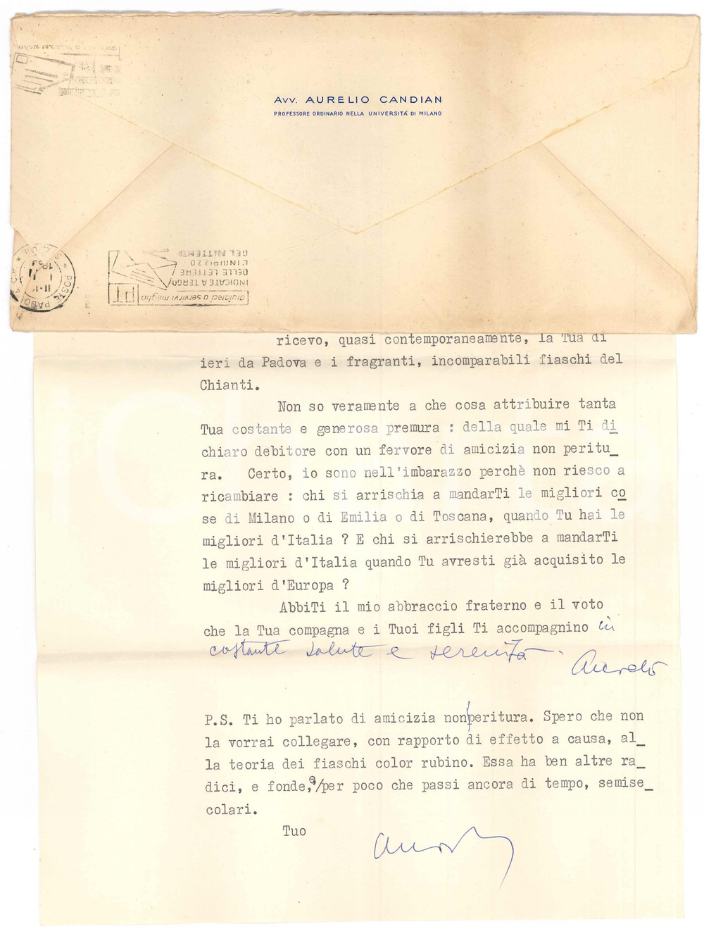 Autografo originale 1963 MILANO Aurelio CANDIAN riceve incomparabili fiaschi di Chianti Autografo 1