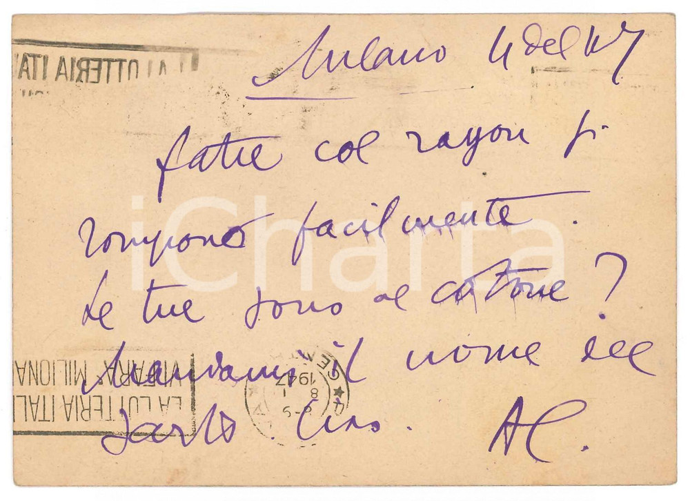 Autografo originale 1947 MILANO Cartolina prof. Aurelio CANDIAN  Richiesta di un sarto  Autografo 1
