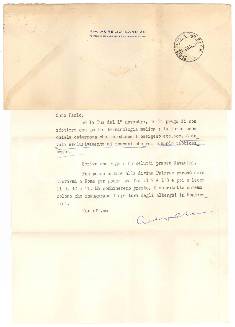 Autografo originale 1962 MILANO Aurelio CANDIAN in attesa delle vacanze a Montecatini Autografo 1