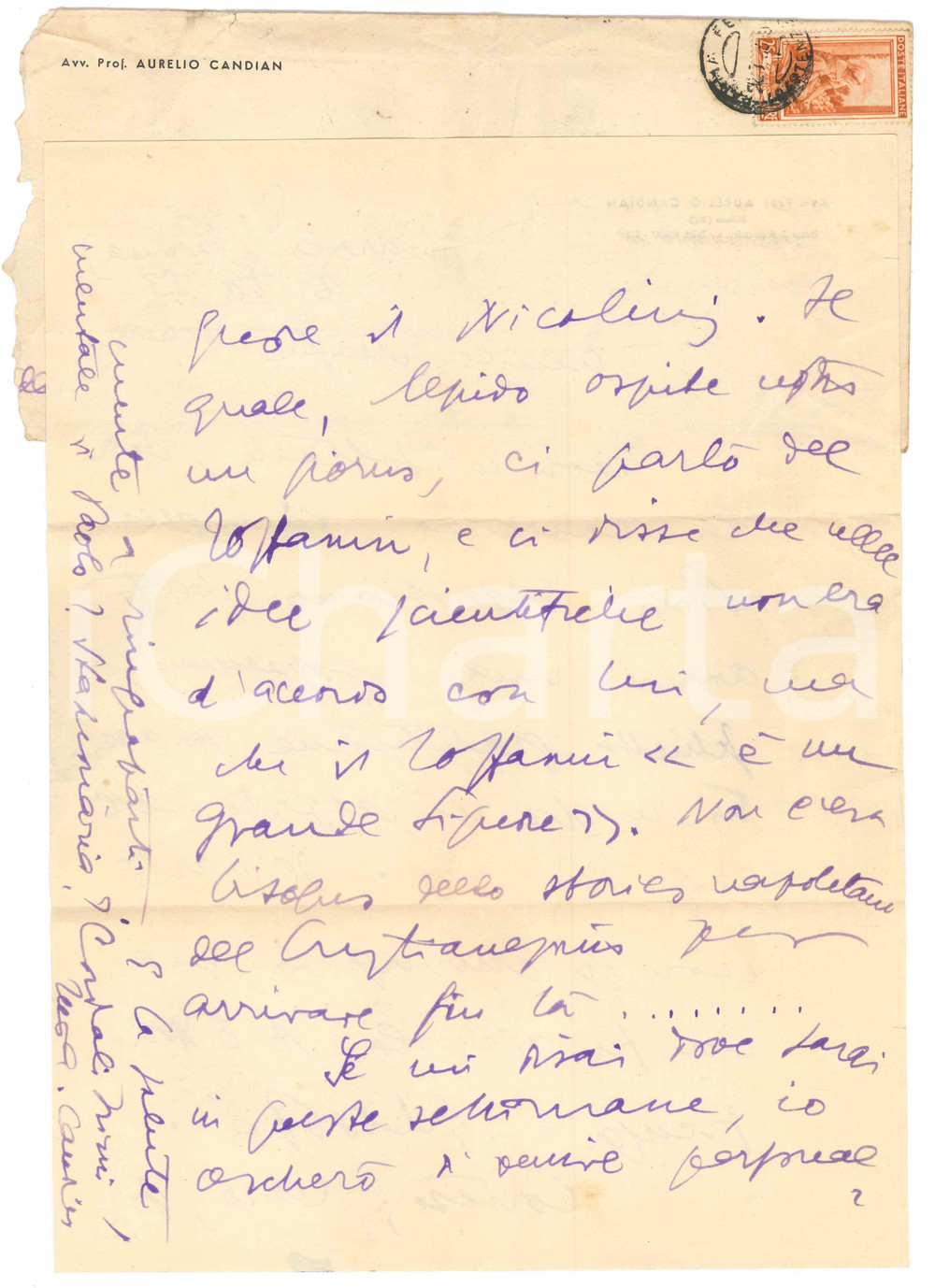 Autografo originale 1953 VIAROLO / PARMA Lettera Aurelio CANDIAN a un amico  Autografo 1