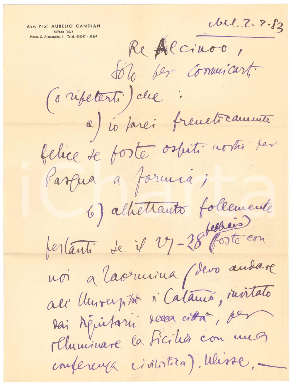 1953 MILANO Lettera Aurelio CANDIAN per invito a un amico - Autografo Lettera interamente autografa, di contenuto personale, su carta intestata.Unita bozza dattiloscritta di risposta.PAGINE: 2 + 1 bozza FAIR/discreto piegature d'epoca  originale e autentica 1