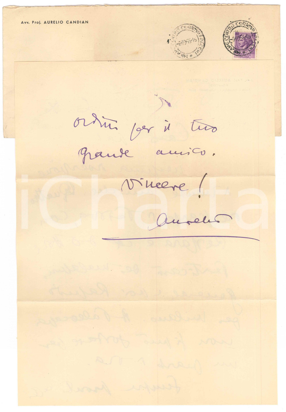 Autografo originale 1955 MILANO Lettera Aurelio CANDIAN a un amico per incontro  Autografo 1