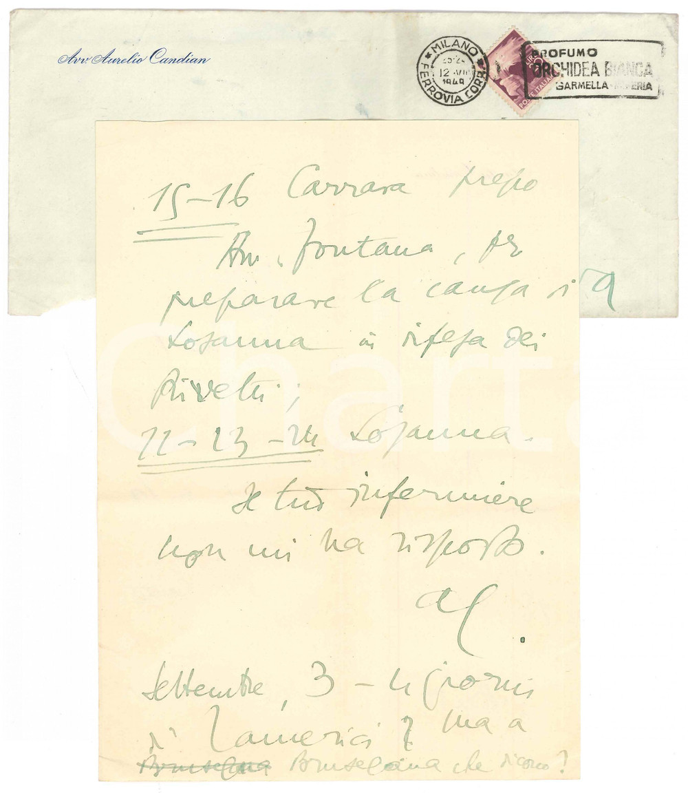 Autografo originale 1948 MILANO Lettera Aurelio CANDIAN  Calendario fitto di impegni Autografo 1