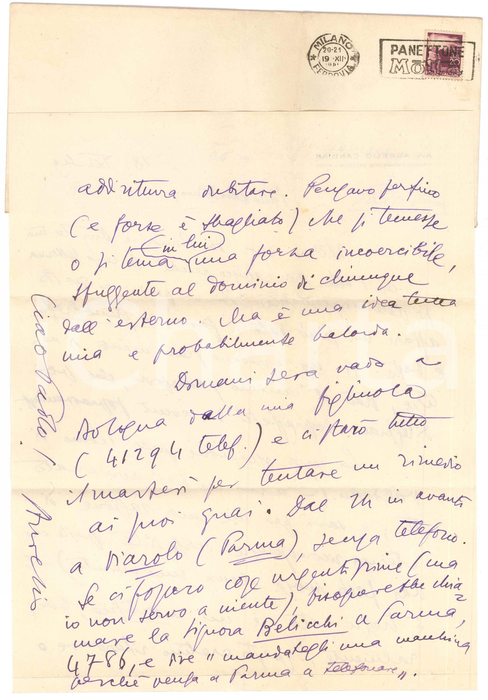 Autografo originale 1949 MILANO Lettera Aurelio CANDIAN  a un amico  Autografo 1