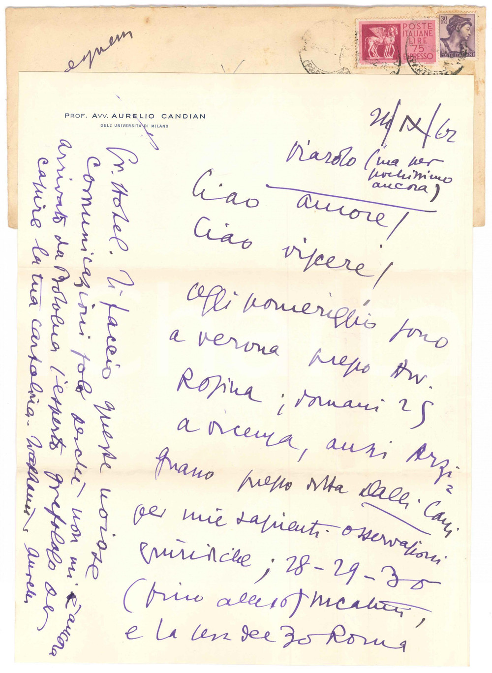 Autografo originale 1962 VIAROLO / PARMA Lettera Aurelio CANDIAN  Spostamenti di lavoro  Autografo 1