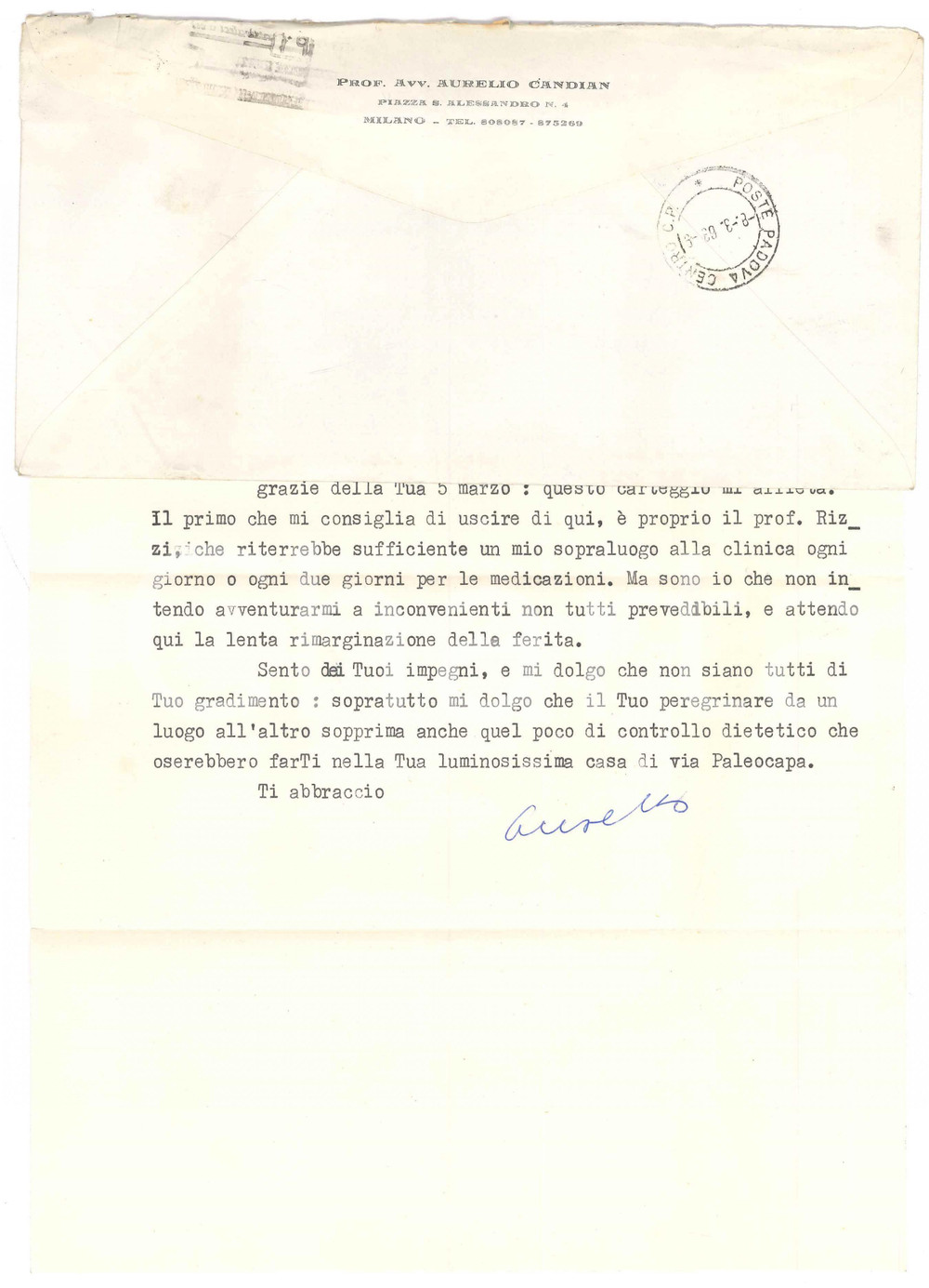 Autografo originale 1963 MILANO Aurelio CANDIAN costretto a un ricovero in clinica Autografo 1