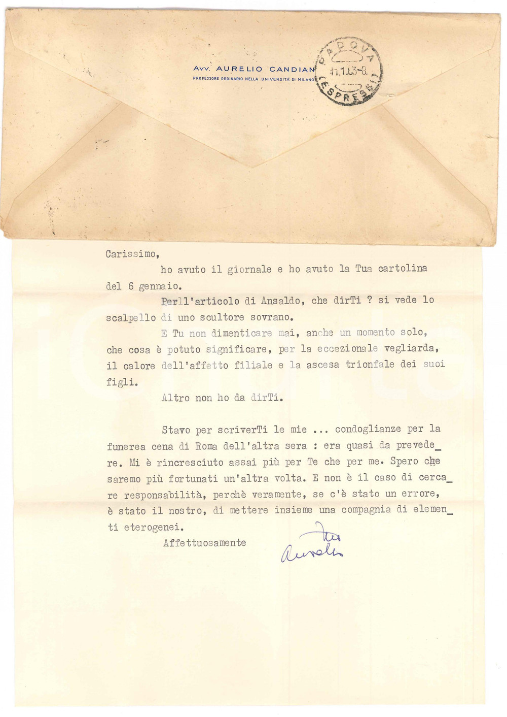 Autografo originale 1963 MILANO Aurelio CANDIAN e una funerea cena di Roma Autografo 1