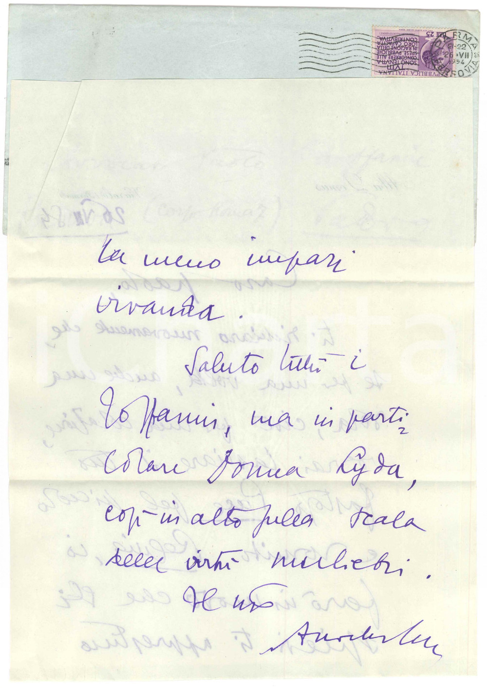 Autografo originale 1954 VIAROLO / PARMA Aurelio CANDIAN a un amico  Invito a colazione  Autografo 1